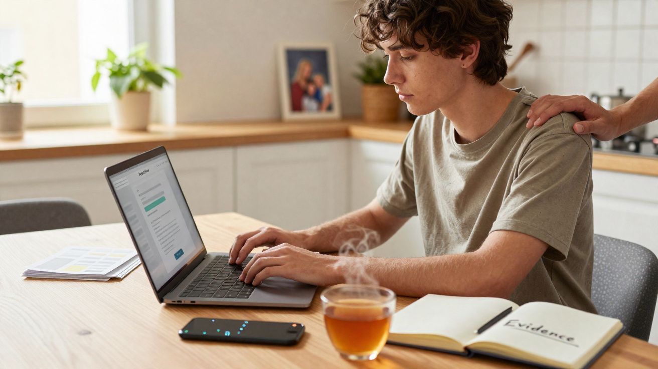 Jovem a utilizar laptop numa mesa com chá, telemóvel, caderno aberto e mão de apoio no ombro.