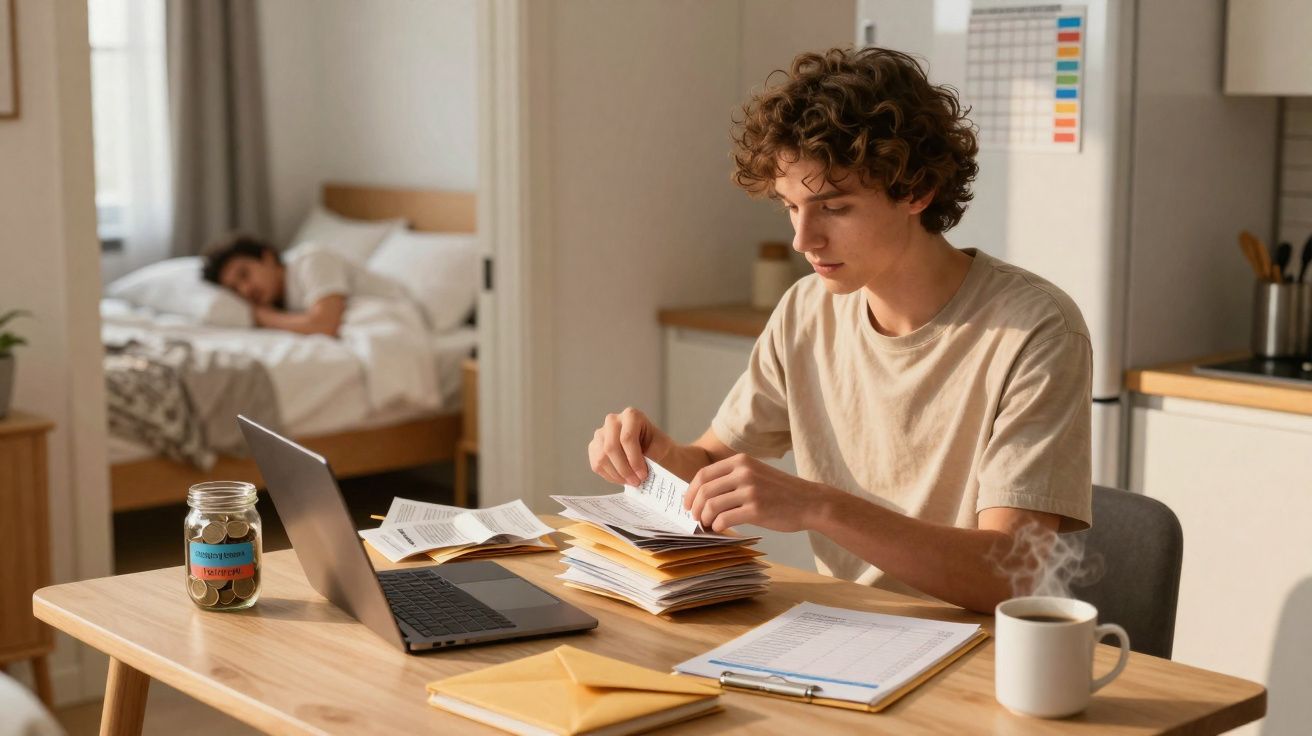 Jovem a organizar papéis junto a um computador numa mesa, enquanto outra pessoa dorme no quarto ao fundo.