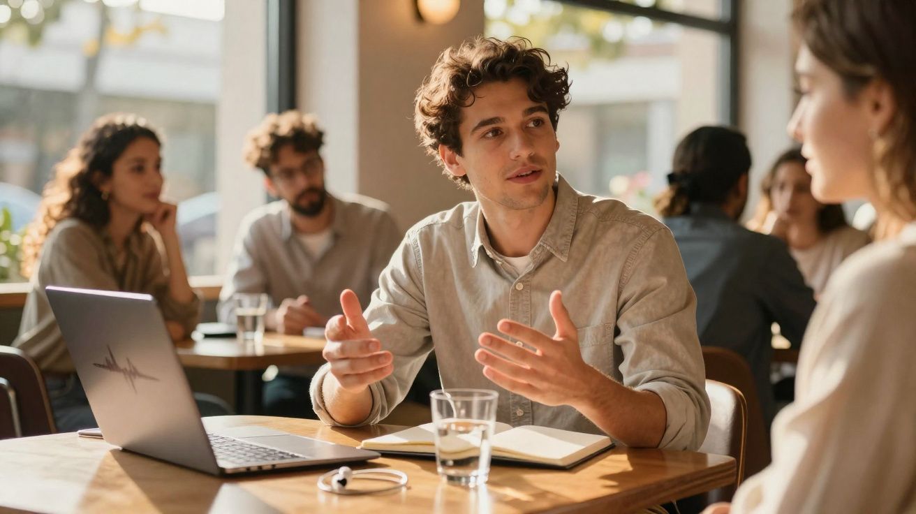Jovem a conversar animadamente com colega numa mesa com portátil, caderno e copo de água num café.
