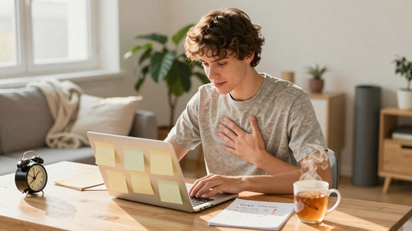 Jovem a trabalhar num portátil com notas adesivas, chá fumegante e um relógio numa mesa de madeira.