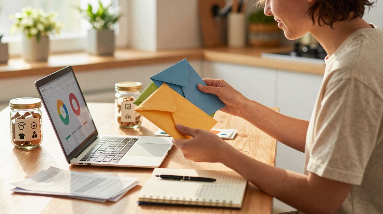 Pessoa a analisar correspondência com computador portátil e documentos numa mesa de cozinha iluminada.