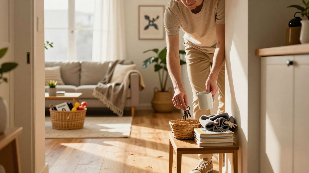 Homem em sala acolhedora a guardar chaves num cesto junto a bancos e mesa de centro.