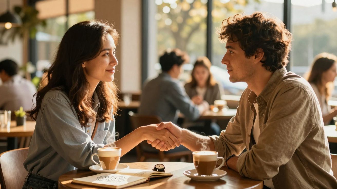 Dois jovens sentados num café, a apertar as mãos e a sorrir.