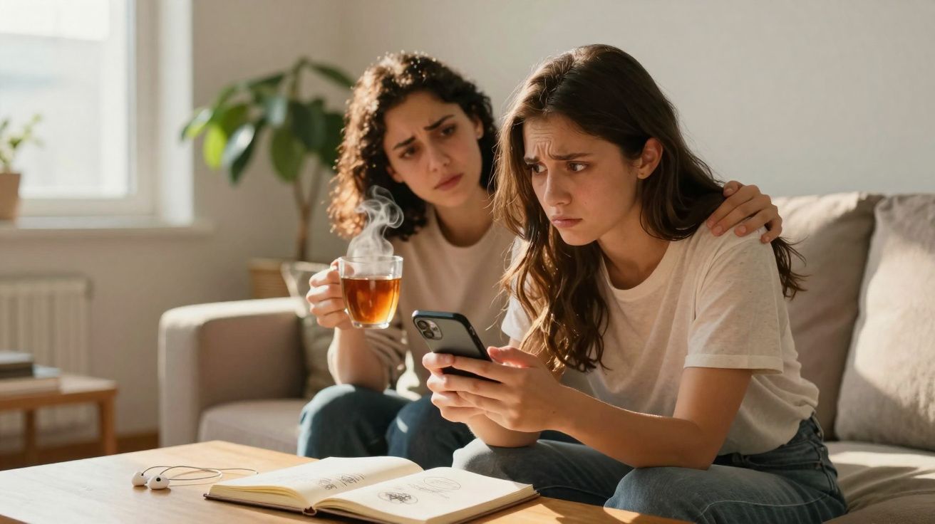 Mulher preocupa-se com amiga triste que olha para o telemóvel enquanto segura chá quente no sofá.