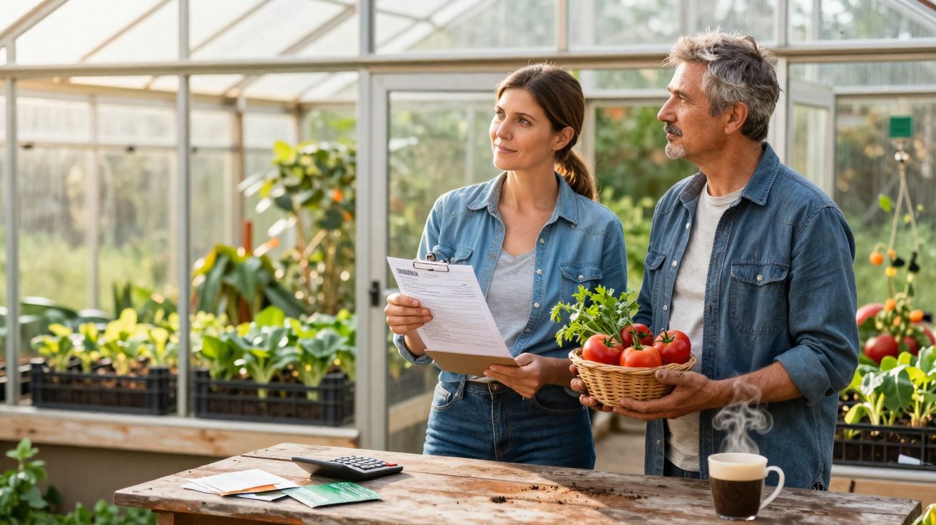Dois agricultores a avaliar uma cesta de tomates numa estufa cheia de plantas.