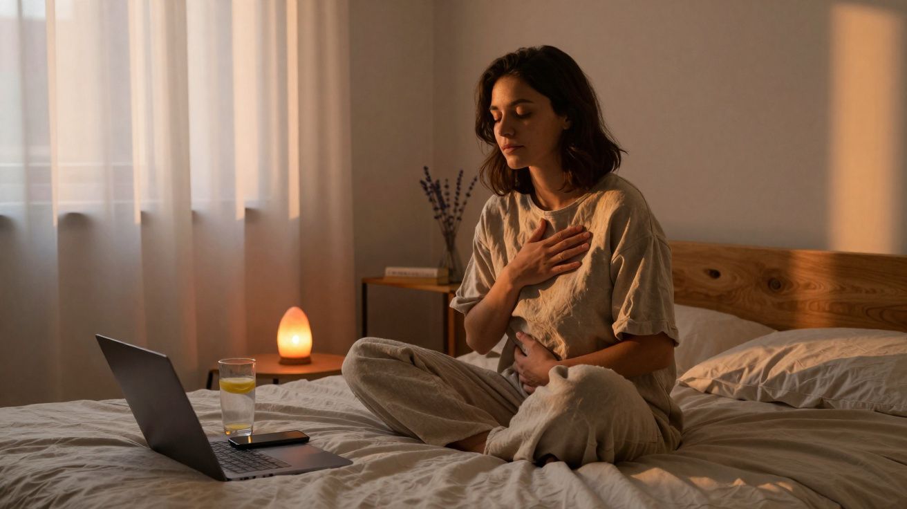 Mulher sentada na cama com olhos fechados, mão no peito e outra na barriga, ao lado de um portátil e um copo de água.