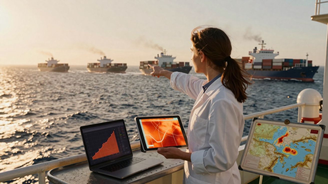 Mulher em fato branco aponta para navios porta-contentores no mar com gráficos em ecrãs ao redor.