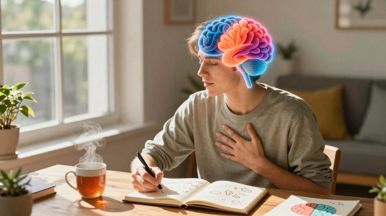 Jovem a escrever num caderno, com ilustração colorida do cérebro sobreposta na cabeça.