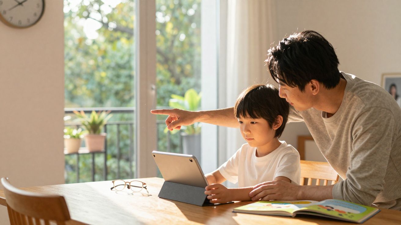 Pai e filho num ambiente luminoso, usando um tablet e lendo um livro juntos numa mesa de madeira.