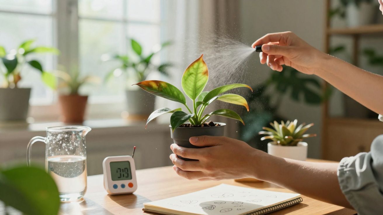 Mãos pulverizam água numa planta em vaso sobre mesa com jarro, temporizador e caderno de desenhos.