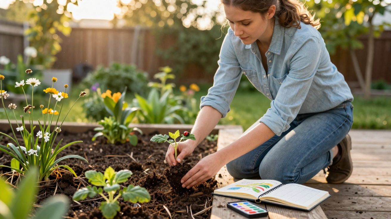 Mulher a plantar uma muda no jardim durante o dia, com caderno e caixa de tintas ao lado.
