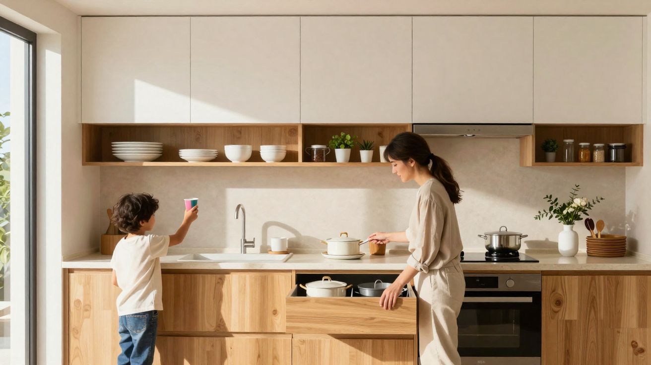 Cozinha moderna com madeira clara, mulher a arrumar utensílios e criança a beber de um copo colorido.