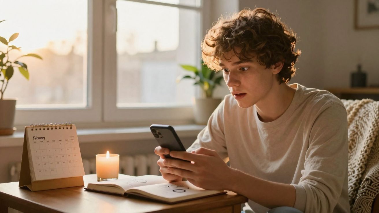 Jovem sentado a ler mensagem no telemóvel, com calendário, vela e caderno numa mesa à luz natural.