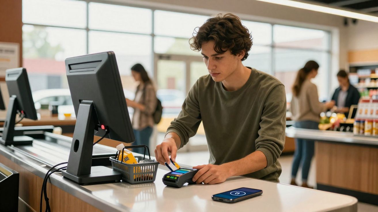 Jovem paga compras com cartão contactless numa caixa de supermercado moderna e iluminada.