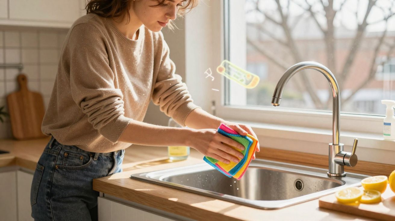 Mulher a limpar a bancada da cozinha junto à pia com esponjas coloridas e limão cortado.