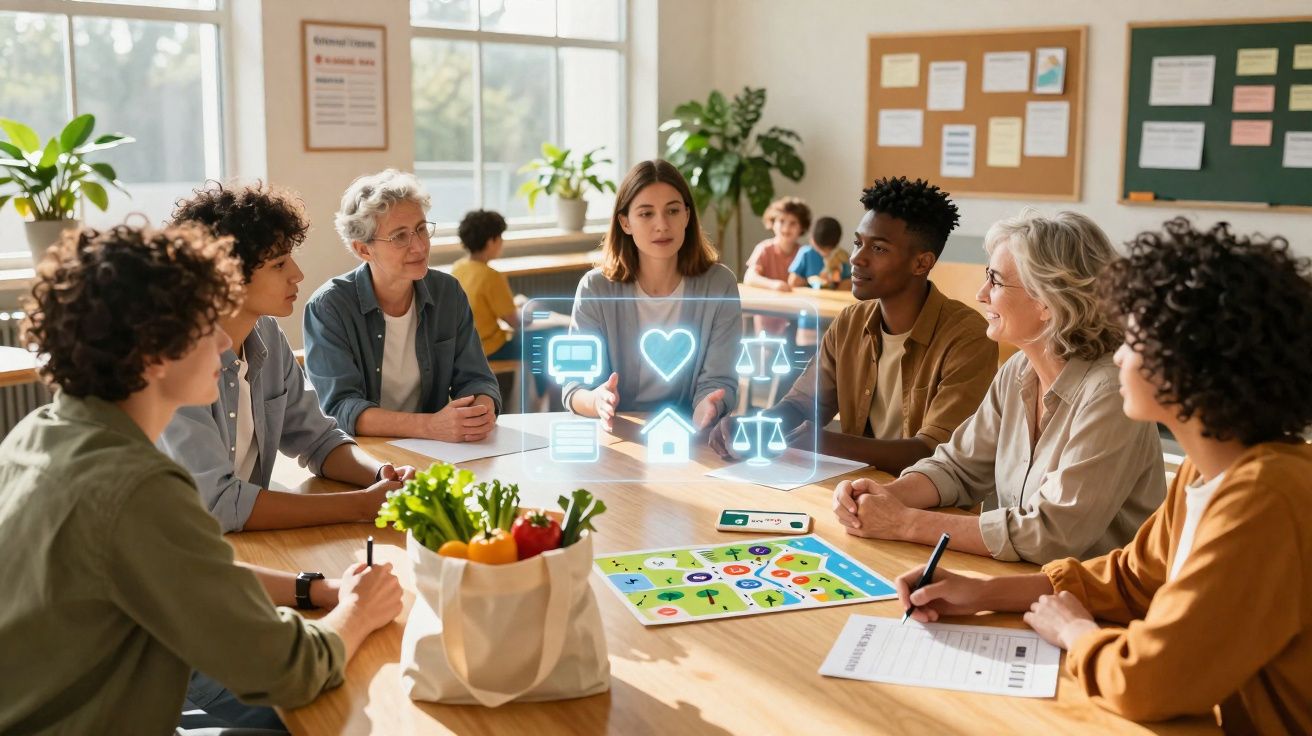 Grupo diverso em reunião à volta de mesa, discutindo ícones digitais com saco de legumes à frente.