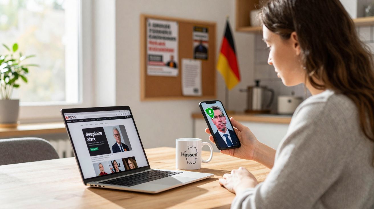 Mulher observa videochamada num smartphone com laptop aberto em notícias sobre deepfake à sua frente numa mesa.