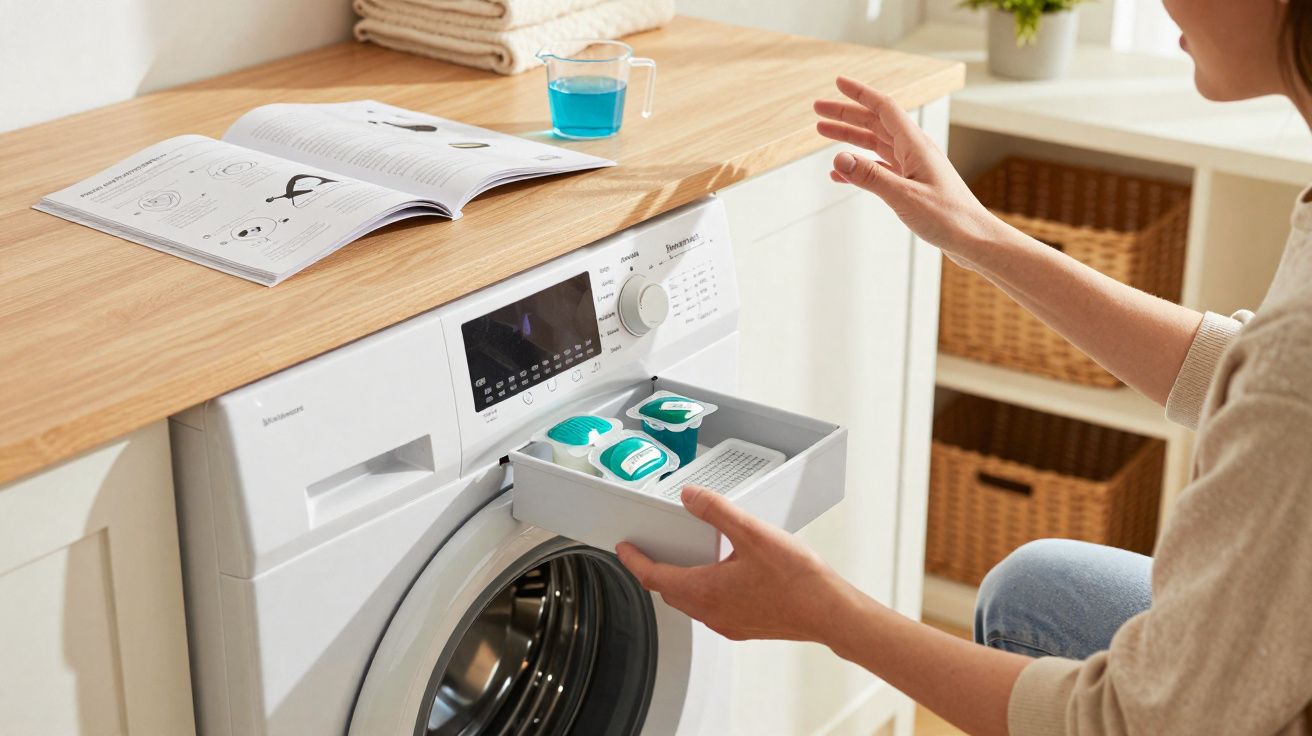 Pessoa a preparar detergente líquido para máquina de lavar roupa num ambiente doméstico organizado.