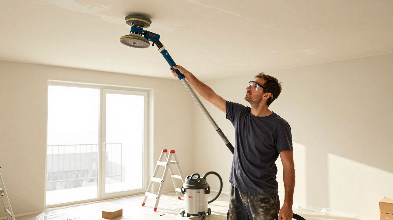 Homem usa lixadora elétrica para preparar teto num quarto claro em processo de remodelação.