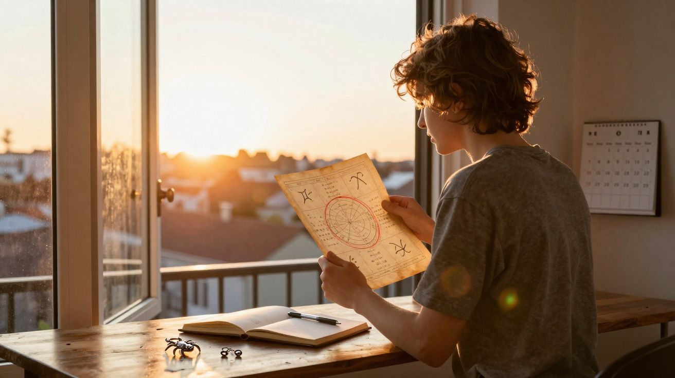 Pessoa sentada a ler um mapa astrológico à luz do pôr do sol numa secretária junto a uma janela aberta.