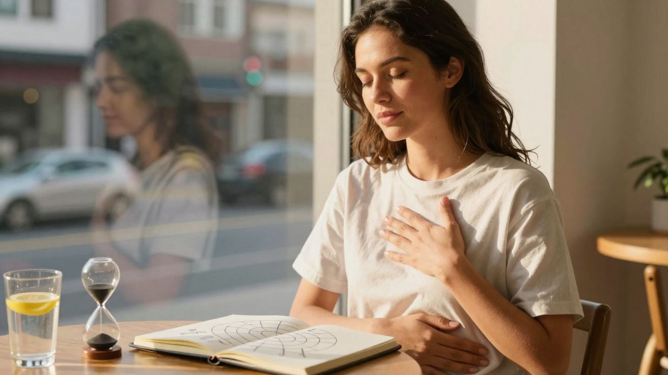 Mulher sentada à mesa, olhos fechados, prática respiração consciente com livro e copo de água à frente.