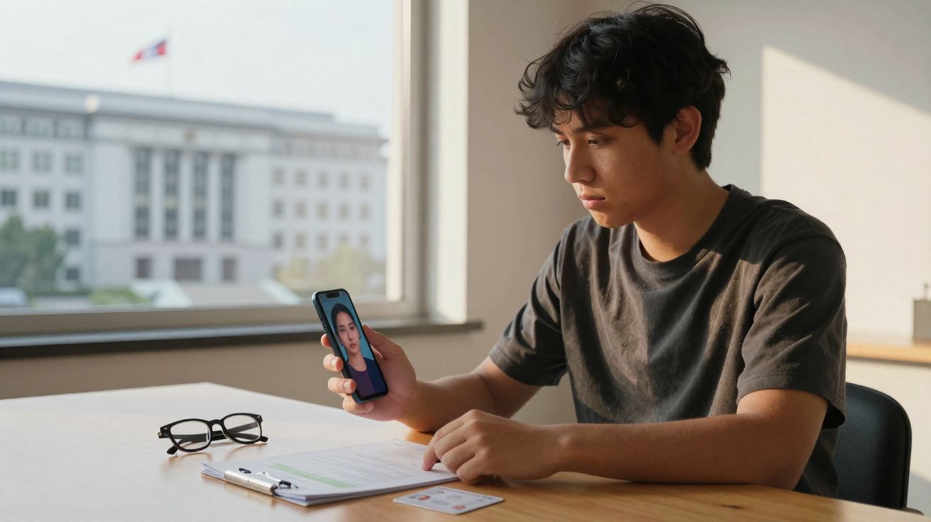 Jovem sentado à mesa a fazer videoconferência pelo telemóvel, com documentos e óculos à sua frente.