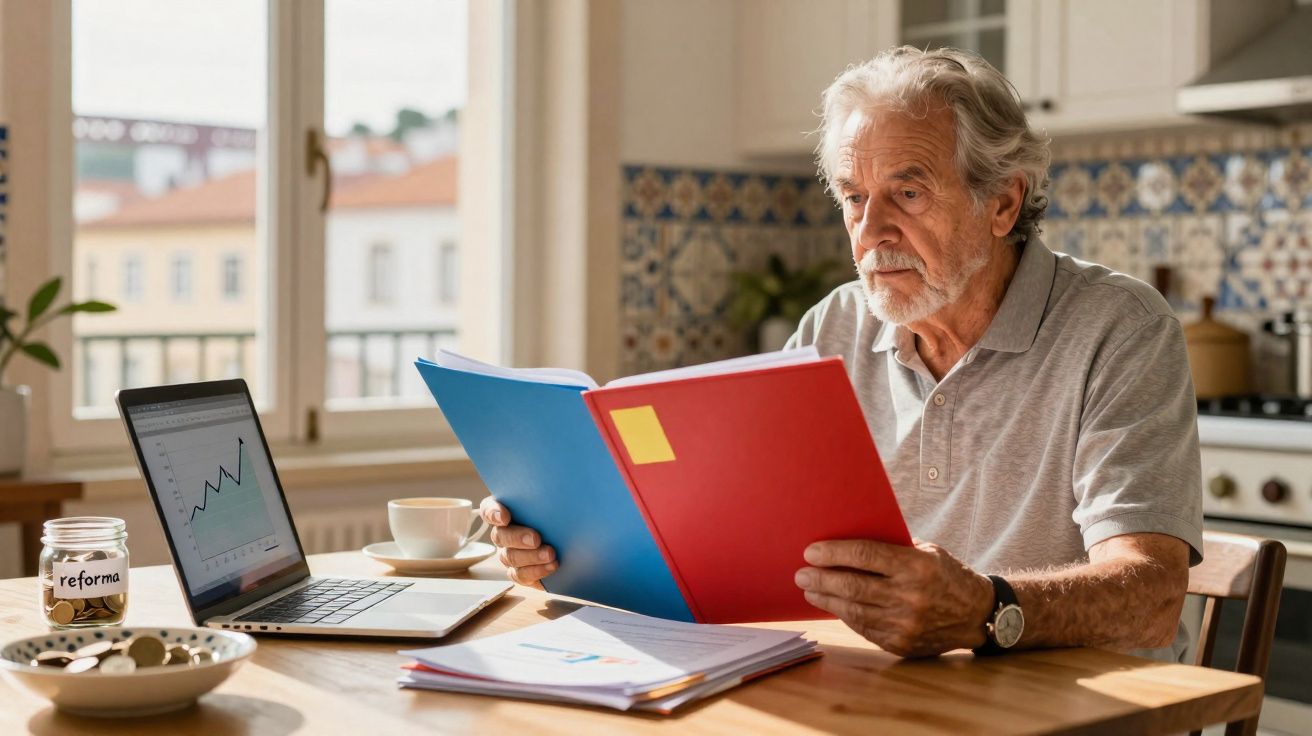 Homem idoso sentado à mesa a analisar documentos financeiros com laptop e frasco de moedas ao lado.