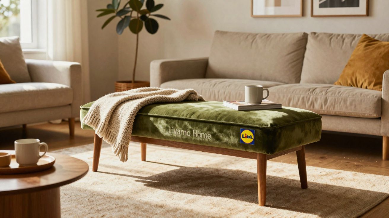 Sala de estar iluminada com sofá bege, banco verde com manta e mesa de madeira com chávenas.