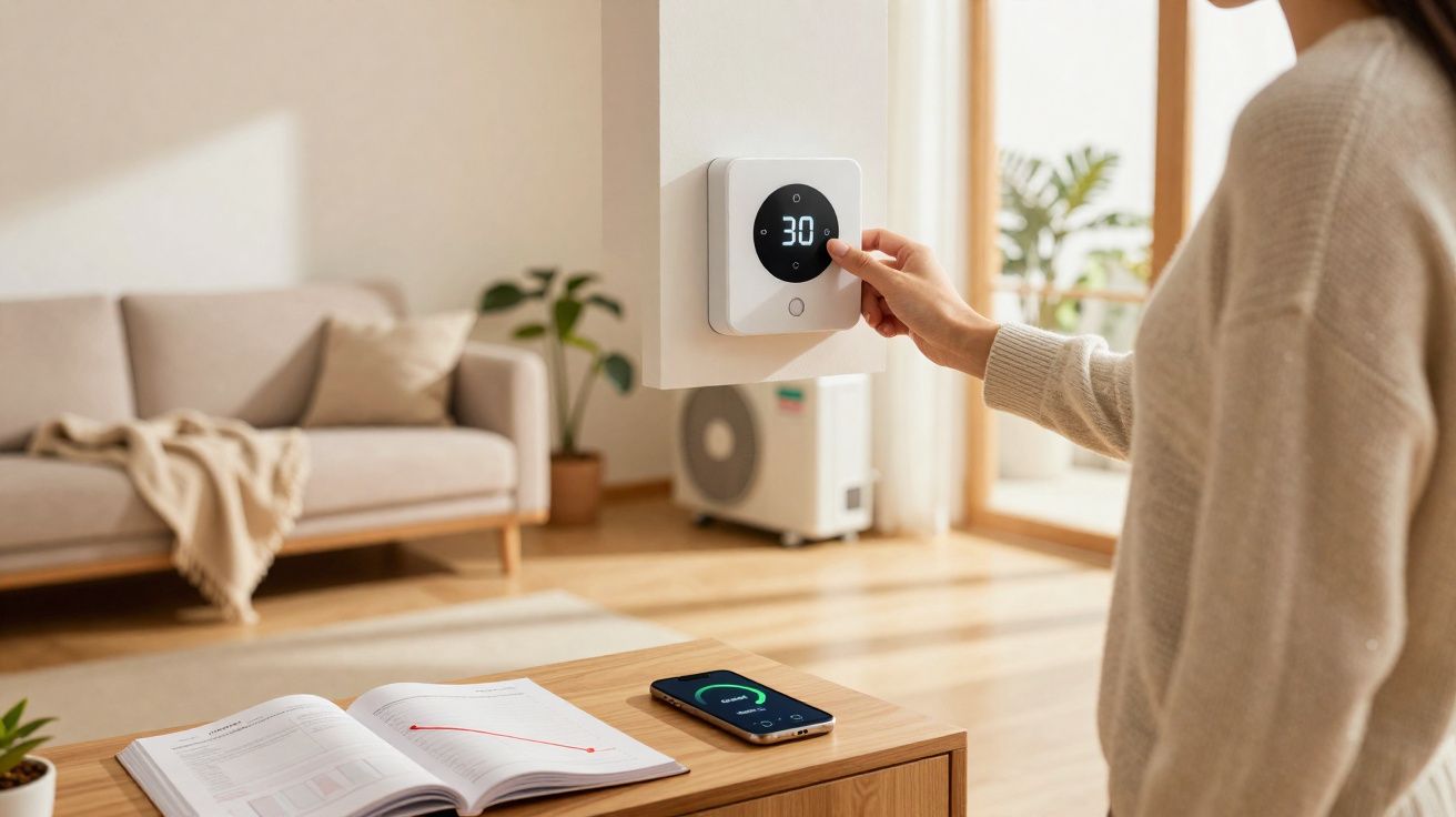 Pessoa a ajustar termóstato inteligente na sala de estar luminosa com sofá e telemóvel numa mesa de madeira.