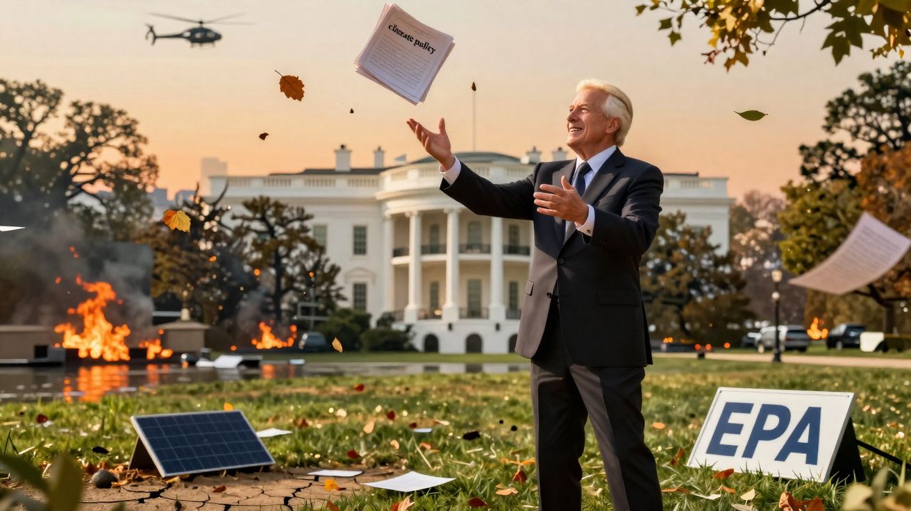 Homem de fato com jornal "climate policy" em frente à Casa Branca, com fogos e helicóptero ao fundo.