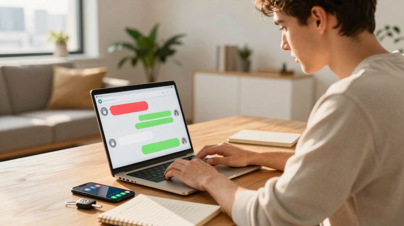Jovem sentado a escrever numa conversa de mensagens num portátil, com telemóvel e caderno na mesa.