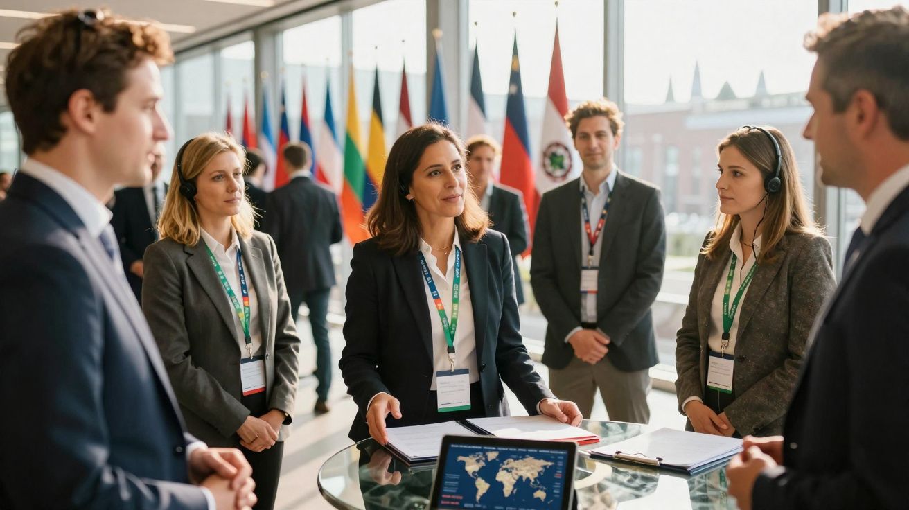 Grupo de profissionais em reunião formal com bandeiras internacionais ao fundo numa sala iluminada.