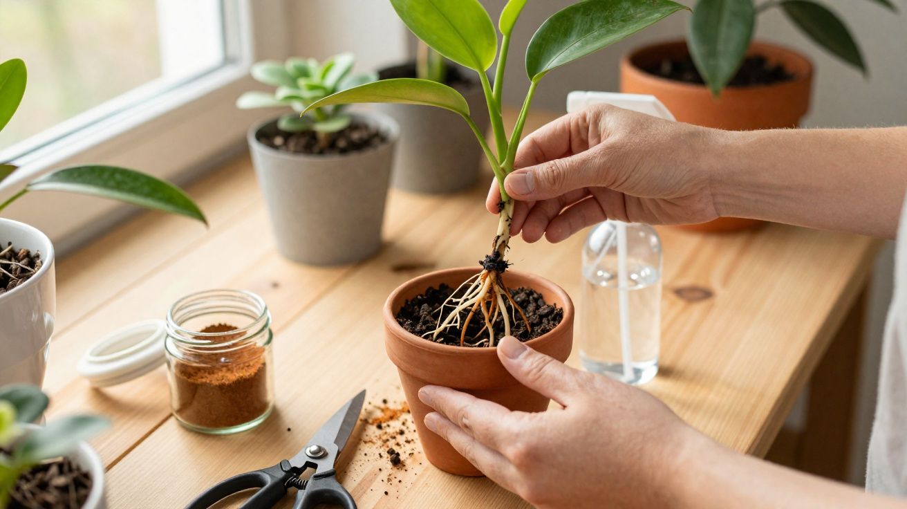 Pessoa a transplantar planta com raízes expostas para vaso de barro num ambiente iluminado junto a janela.