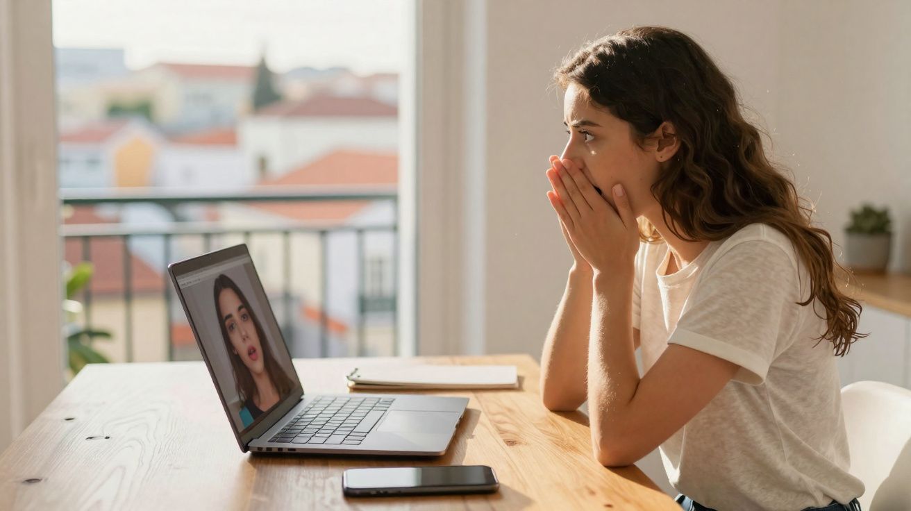 Mulher com expressão surpresa a ver vídeo de mulher a falar num laptop numa mesa de madeira.