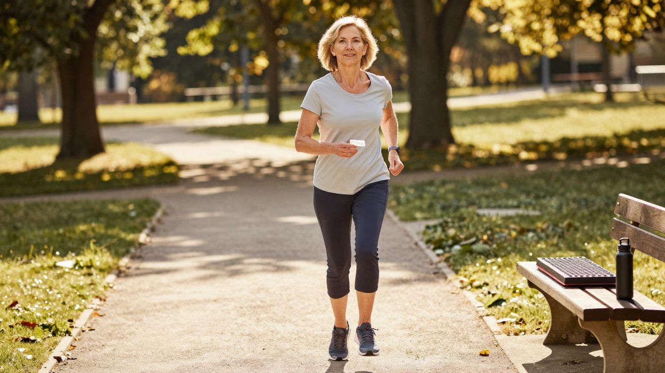 Mulher sénior a correr em caminho de parque com árvores e banco ao lado com garrafa e artigo.