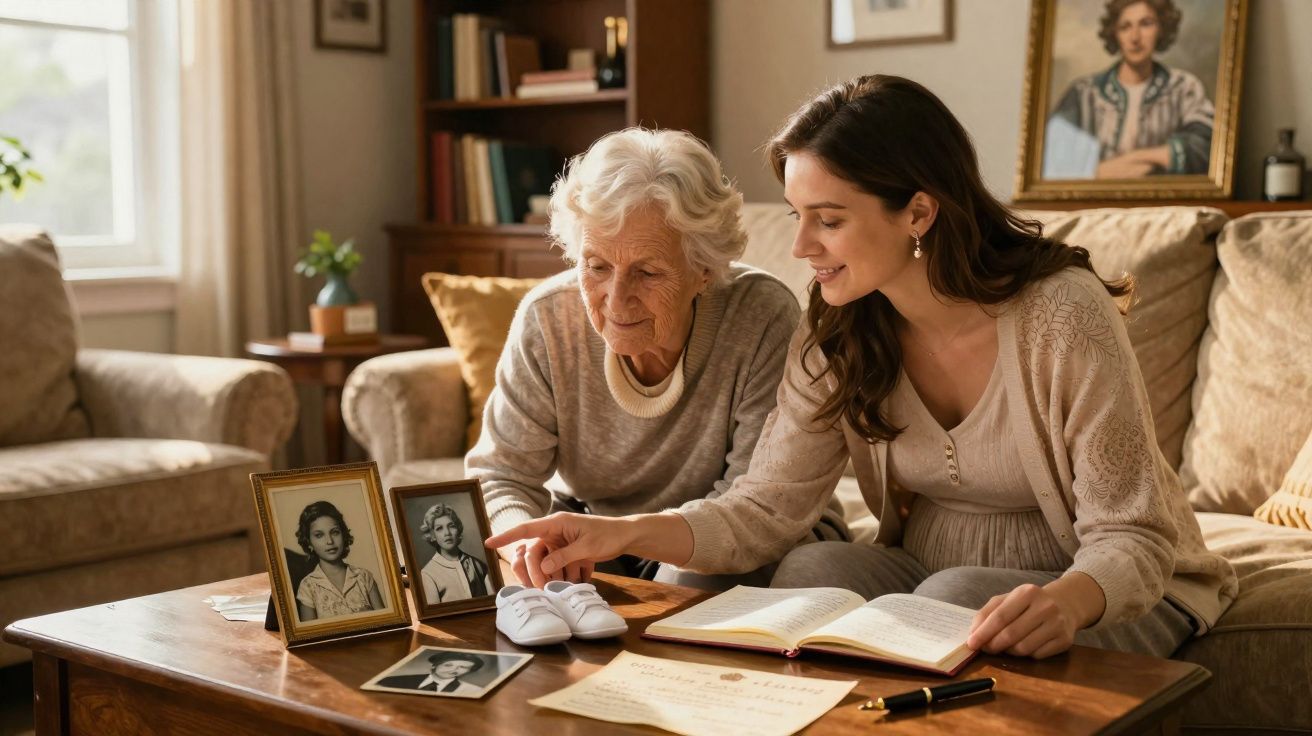 Mulher jovem e idosa recordam memórias com fotos antigas e sapatinhos de bebé na sala de estar.