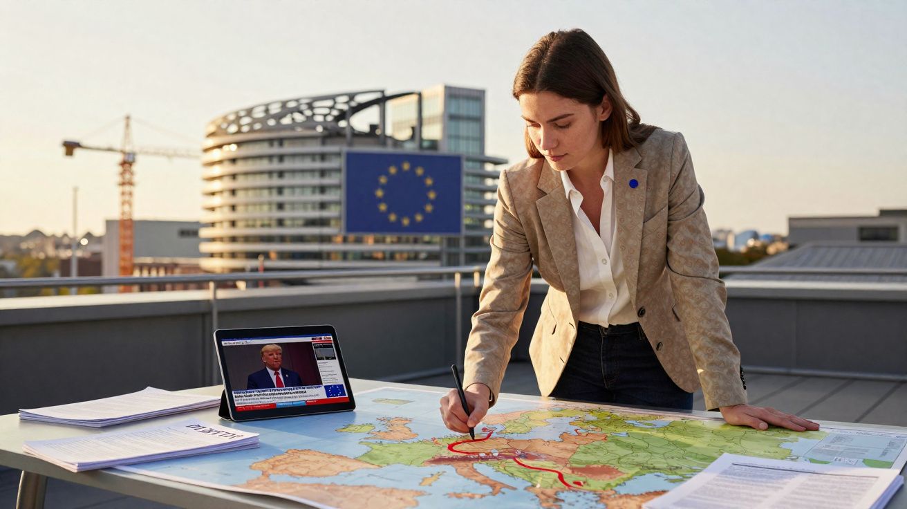 Mulher a marcar rotas num mapa da Europa numa mesa ao ar livre, com edifício e bandeira da UE ao fundo.