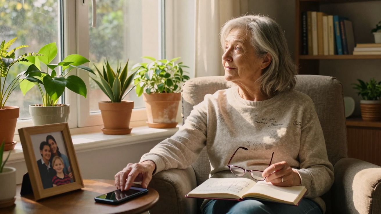 Mulher idosa sentada numa cadeira a olhar pela janela, com livro aberto e telemóvel na mesa ao lado.