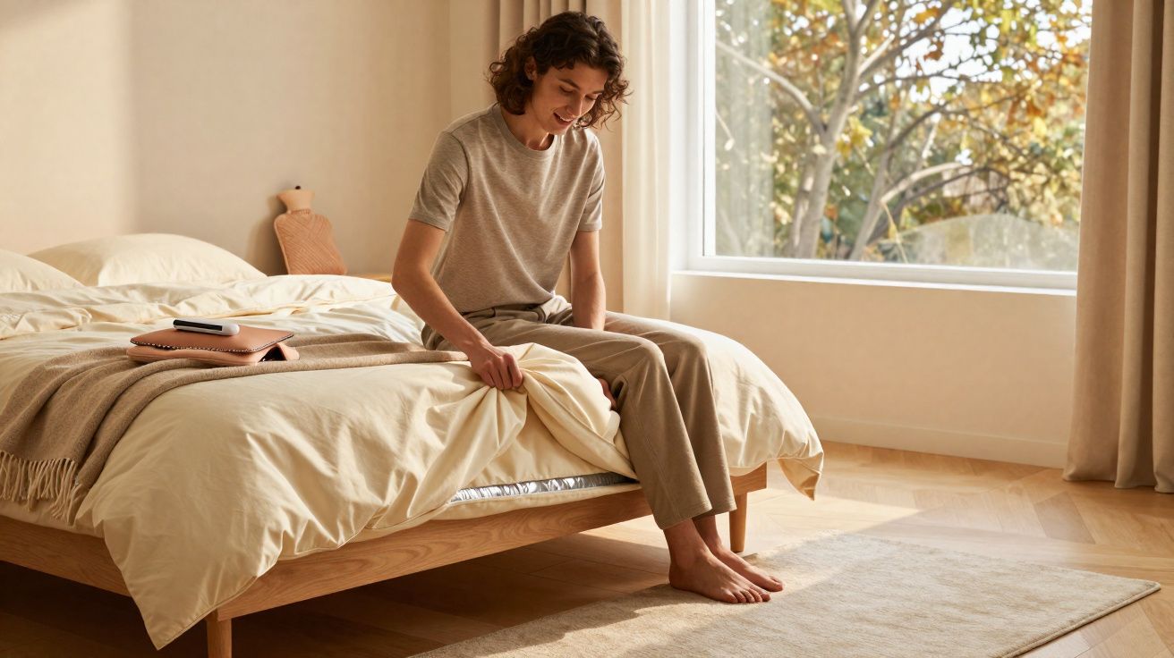 Pessoa sentada na beira da cama num quarto iluminado com janelas e decoração em tons neutros.