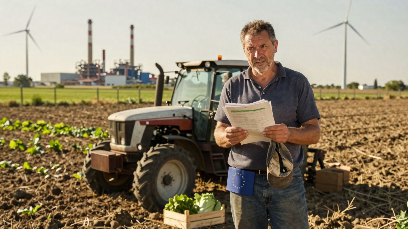 Agricultor com documentos na mão em campo arado, com trator, caixa de legumes e turbinas eólicas ao fundo.
