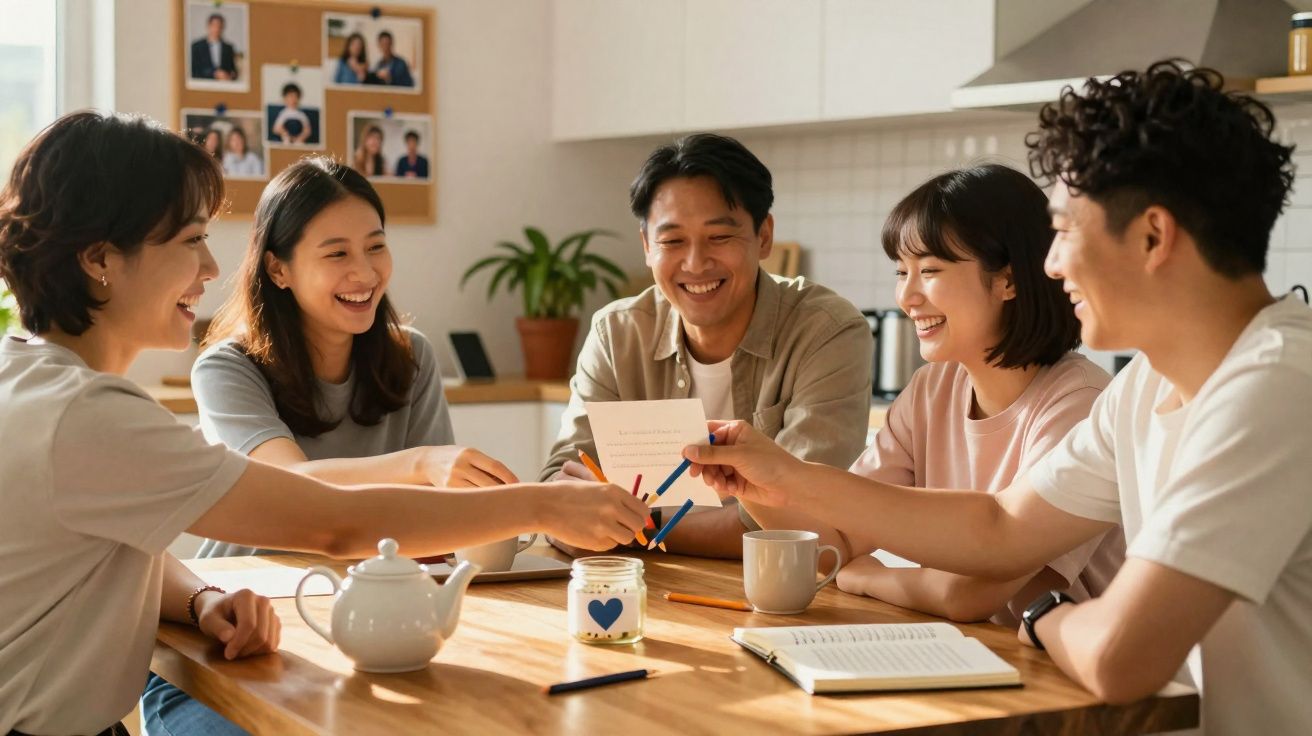 Grupo de cinco jovens sorrindo e trocando papeis e lápis numa mesa de cozinha acolhedora.