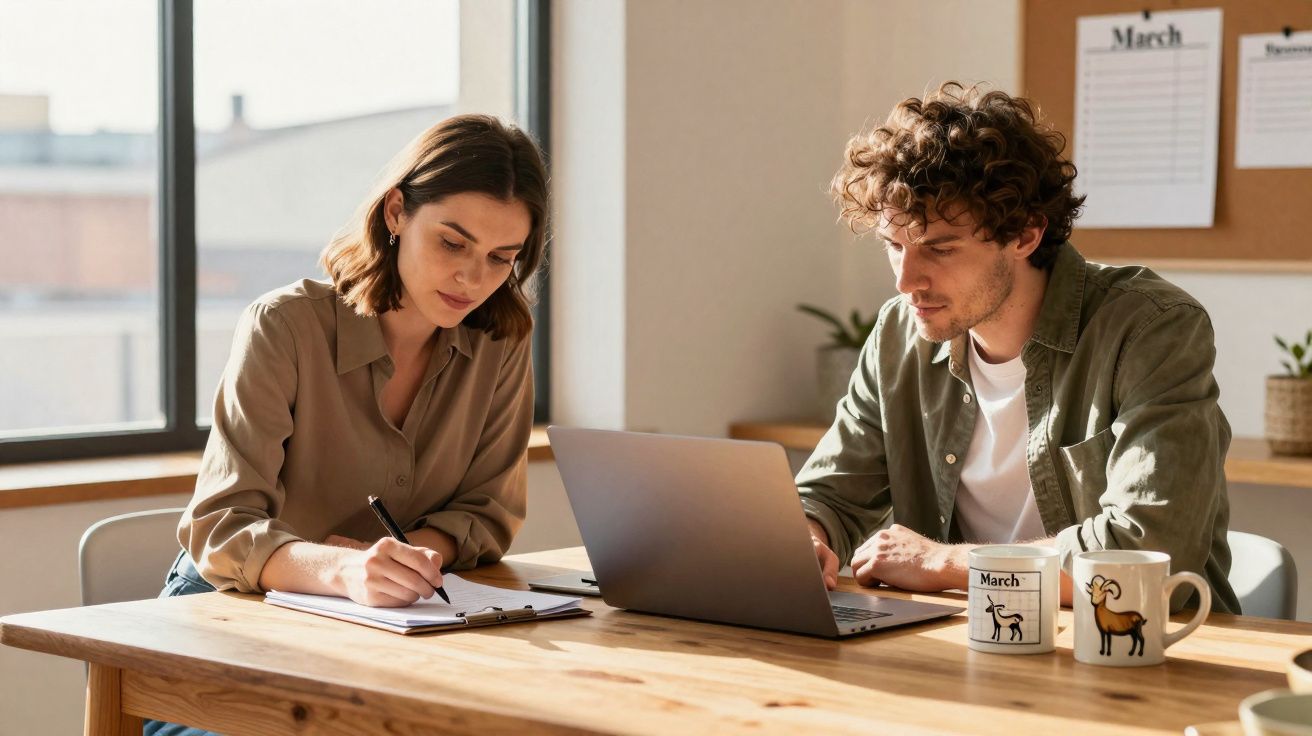 Duas pessoas a trabalhar juntas numa mesa com computador portátil, cadernos e canecas numa sala iluminada.