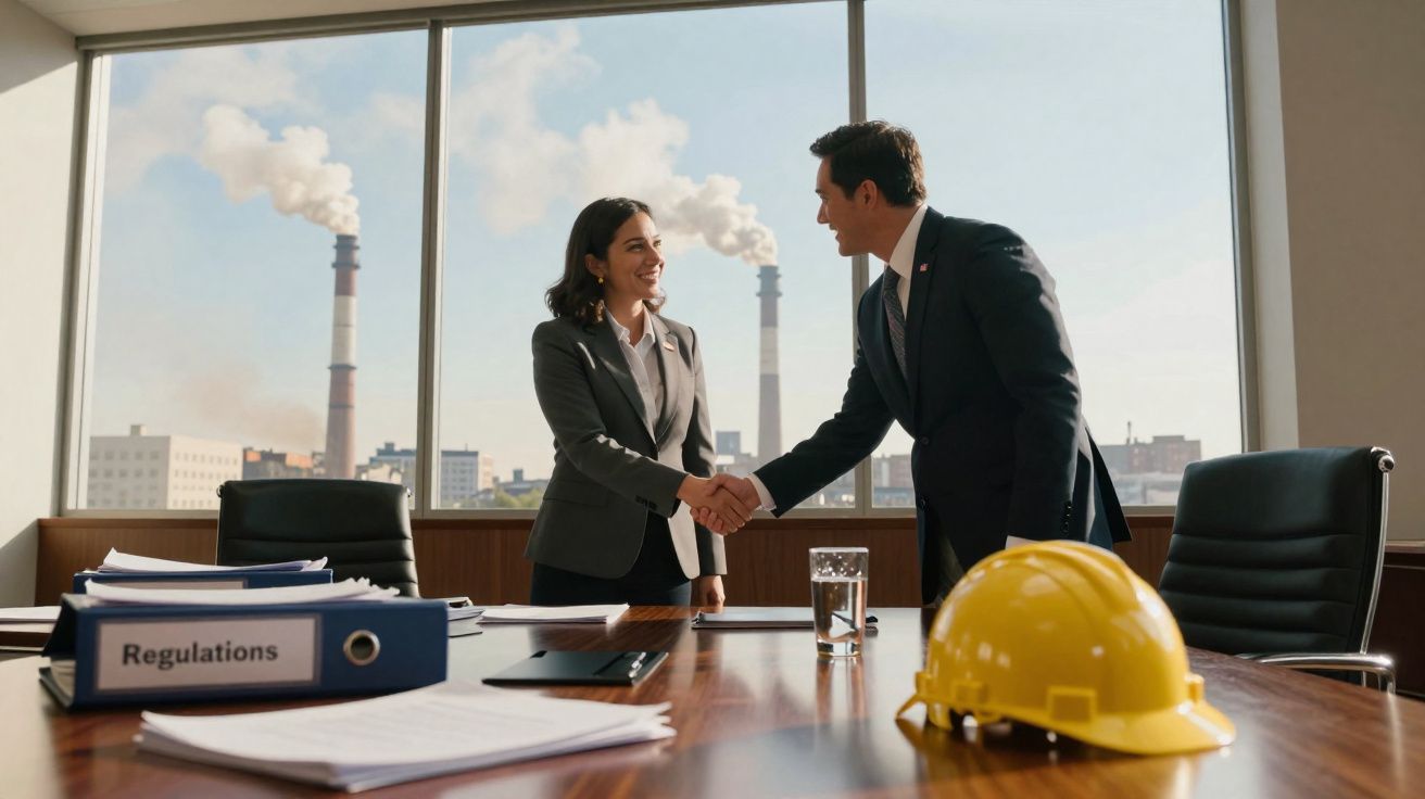 Duas pessoas a cumprimentarem-se numa sala de reuniões com capacete amarelo e documentos numa mesa, fábricas ao fundo.