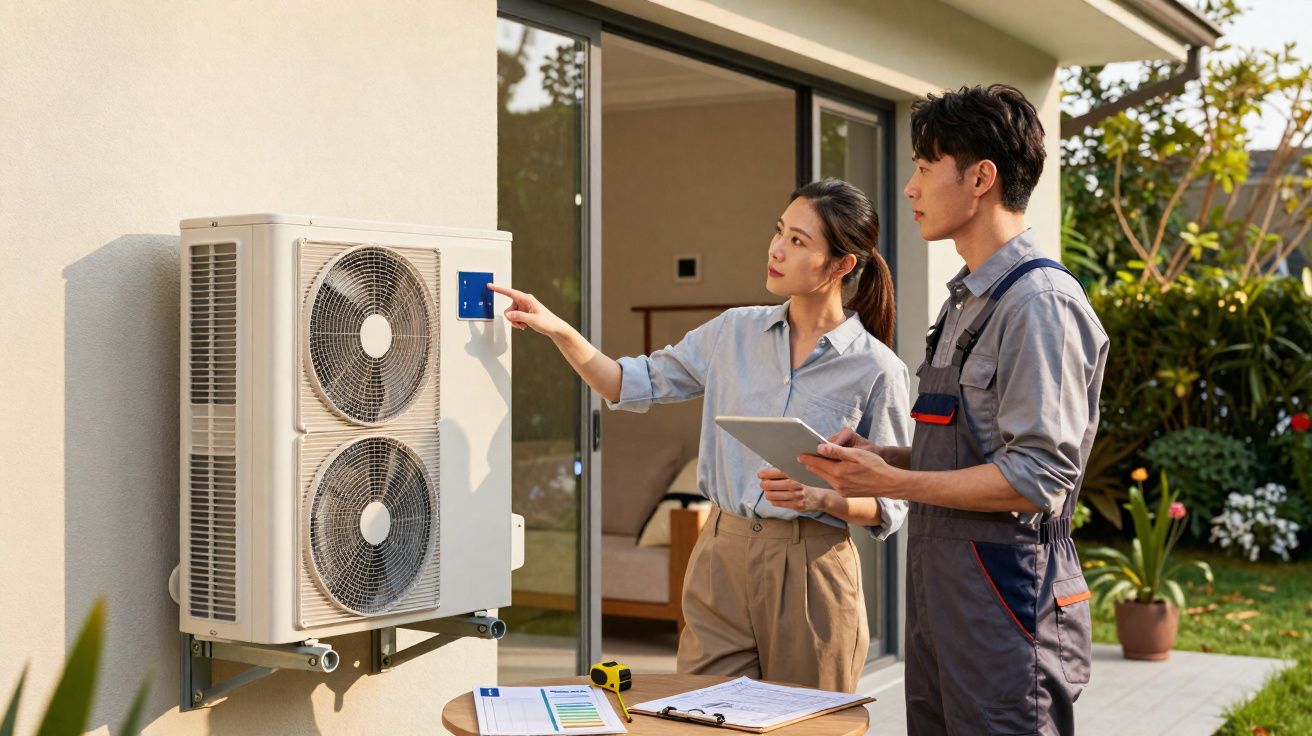 Técnico e cliente analisam unidade exterior de ar condicionado numa casa, com tablet e documentos.