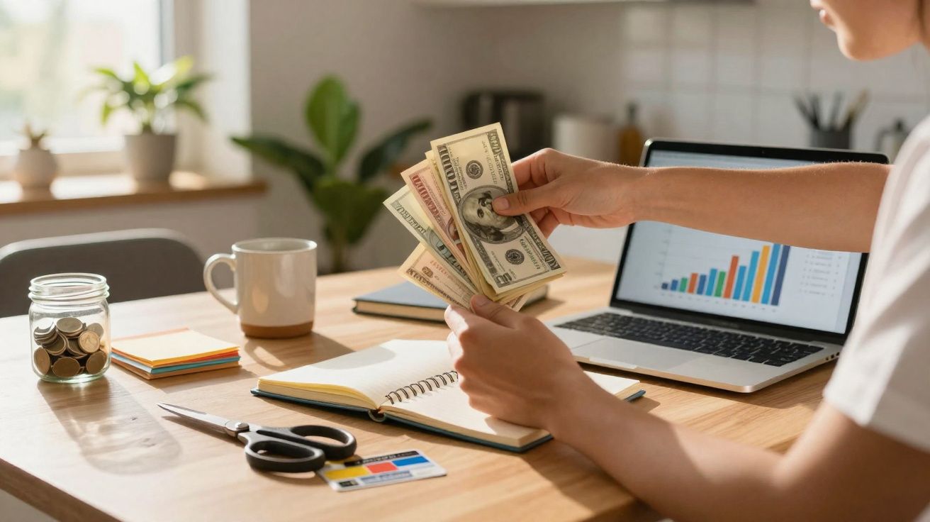 Pessoa a contar notas de dólar junto a computador com gráfico e material de escritório num ambiente iluminado.