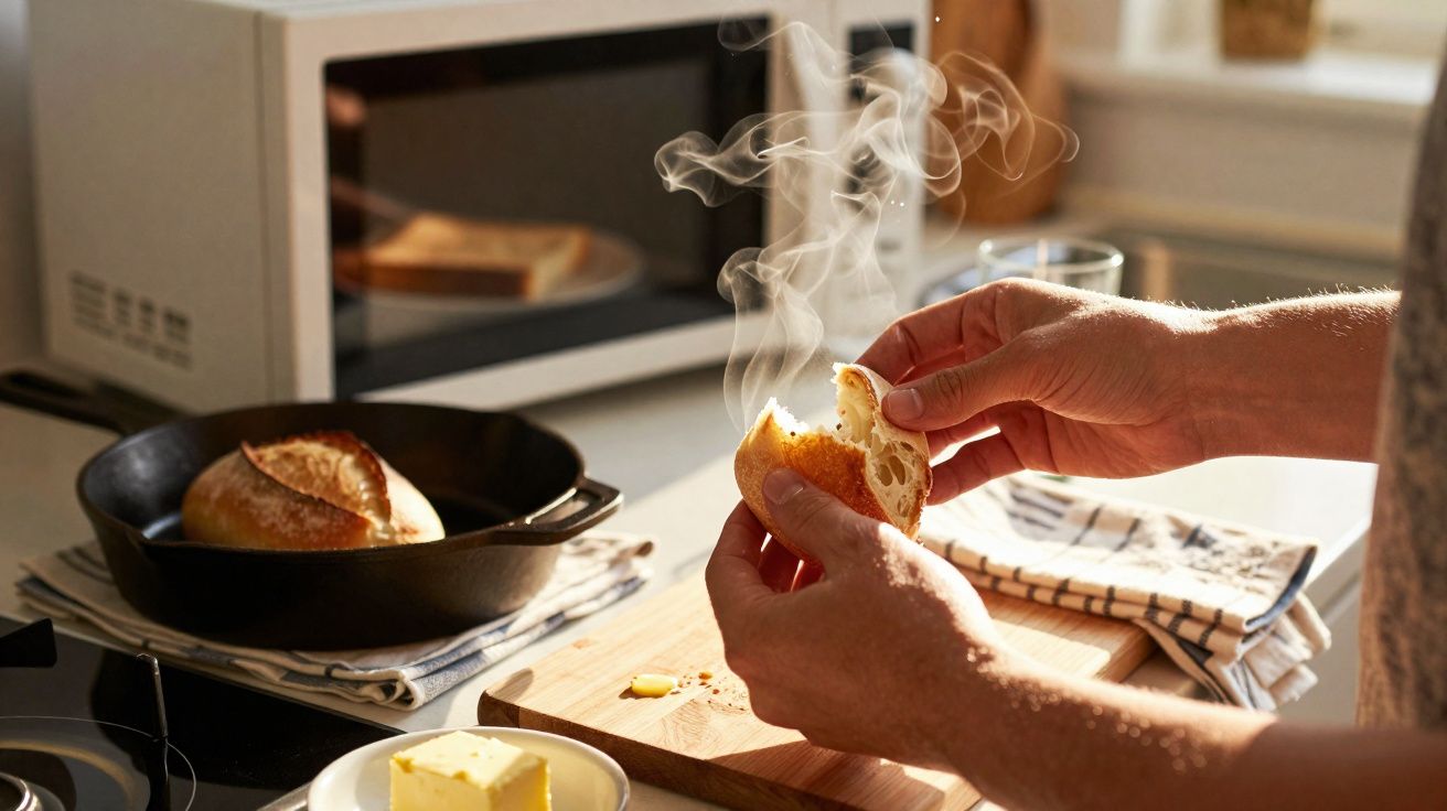 Mãos a partir um pão quente a libertar vapor numa cozinha com micro-ondas e manteiga visíveis.