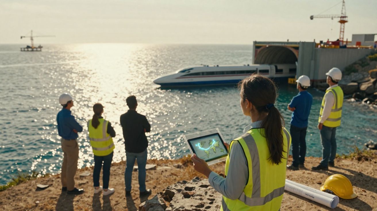 Engenheiros com coletes e capacetes observam comboio futurista numa estação junto ao mar ao pôr do sol.