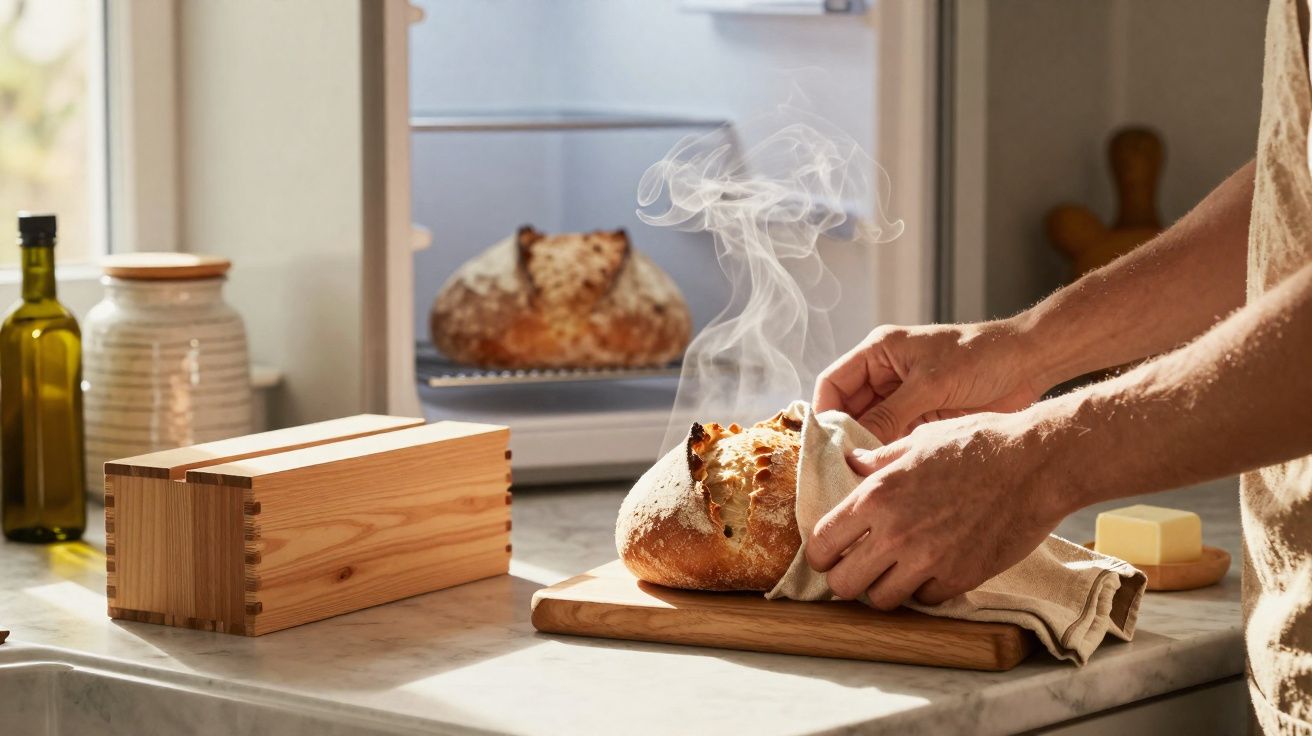 Pão acabado de sair do forno, fumegante, colocado numa tábua de madeira na cozinha iluminada.