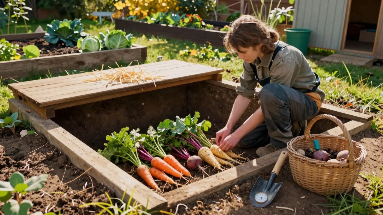 Pessoa a organizar legumes frescos, como cenouras e beterrabas, num armazém subterrâneo de jardim.