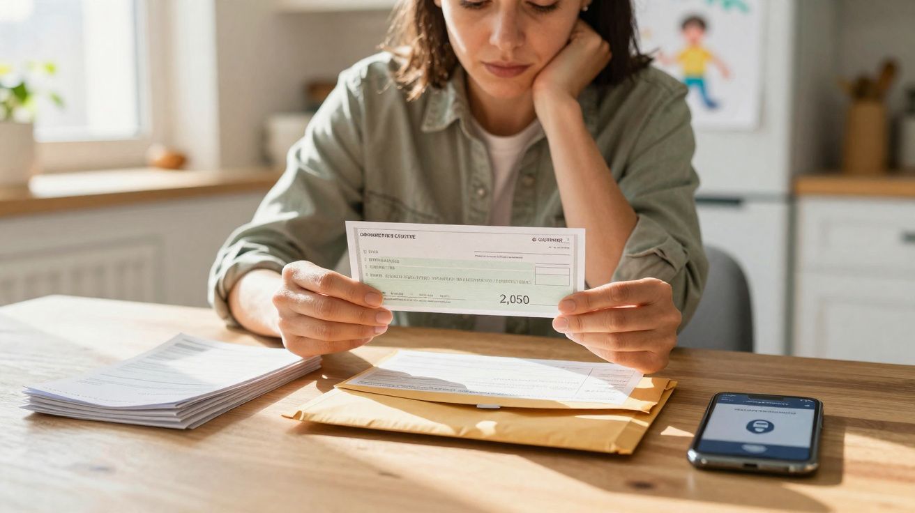 Mulher sentada à mesa a analisar uma fatura com expressão preocupada, com smartphone e papéis à frente.